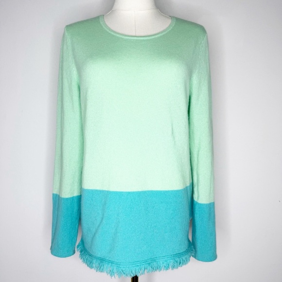 Lilly Pulitzer Rica Cashmere Sweater Size Small Blue Green Colorblock Fringe Hem - Picture 2 of 7